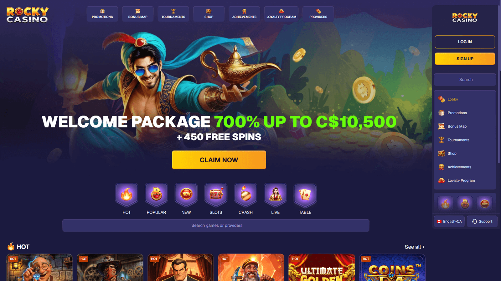Homepage di Rocky Casino in Italia