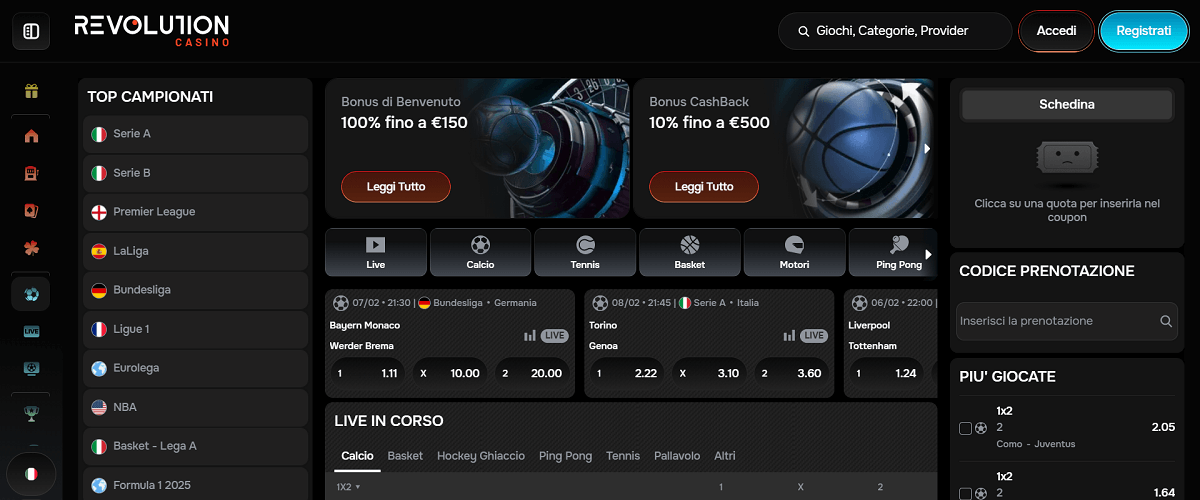 Revolution Casino Scommesse